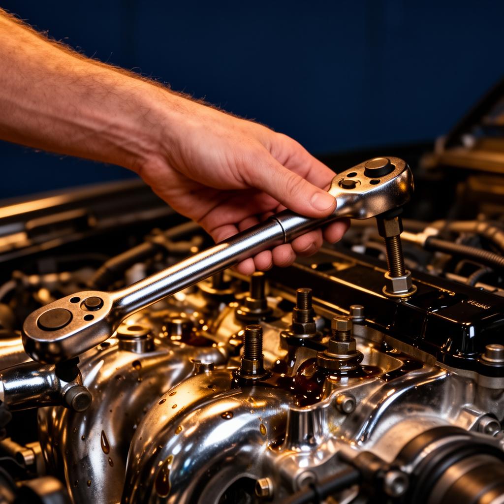 Mechanic's hand using a torque wrench